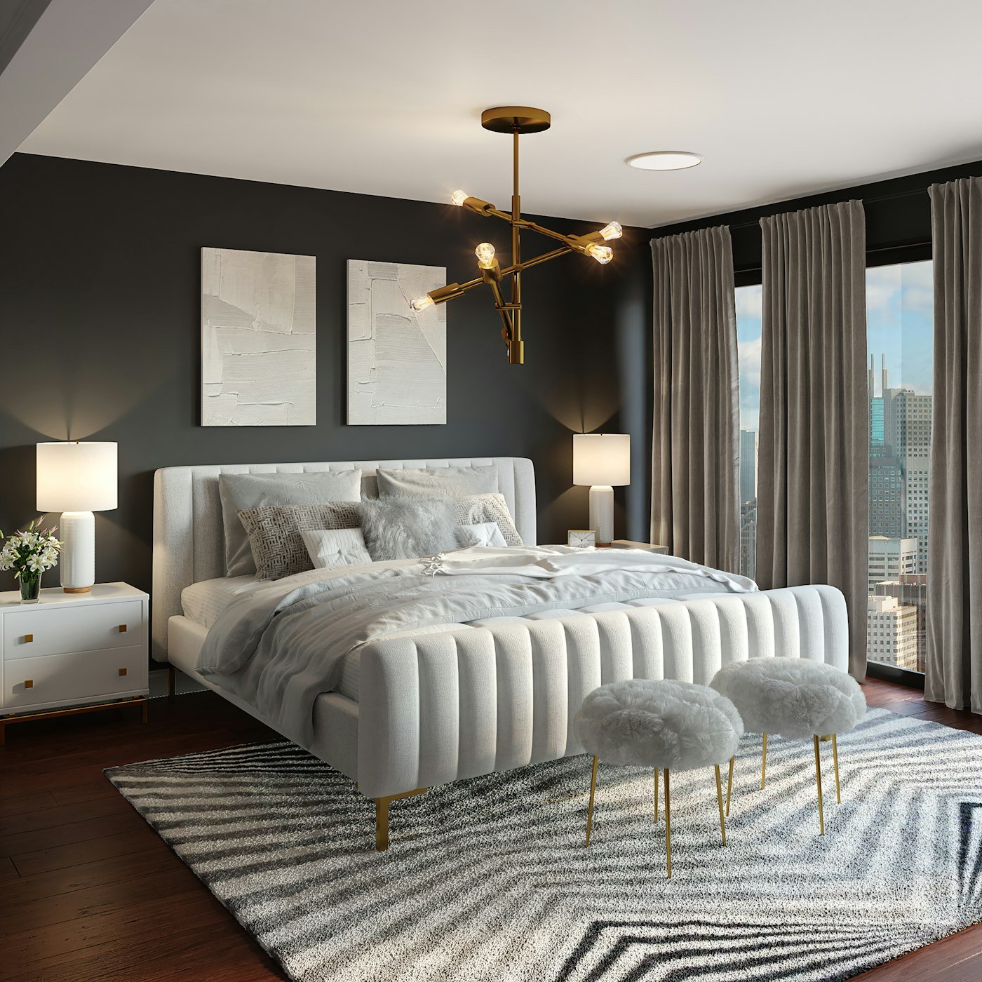 A bedroom with a pale upholstered bed, grey curtains, and a city view